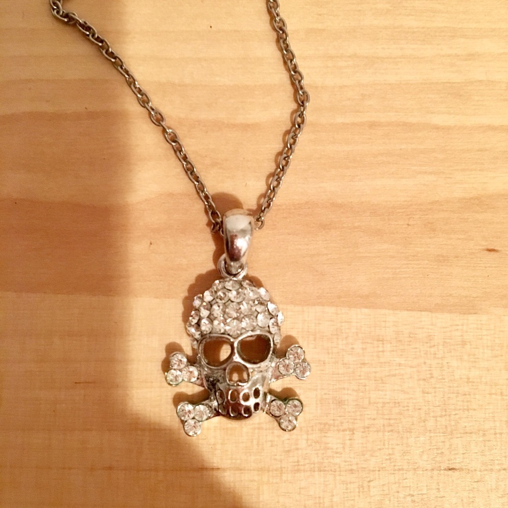 silver rhinestone crystal skull & bones charm necklace